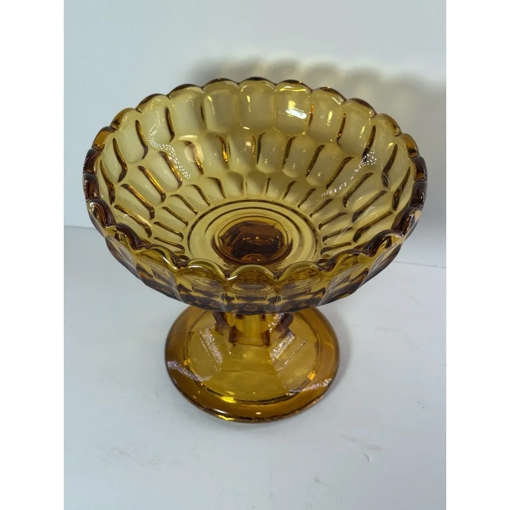 Vintage Amber Glass Thumbprint Pedestal Compote Bowl Scalloped Centerpiece Dish
